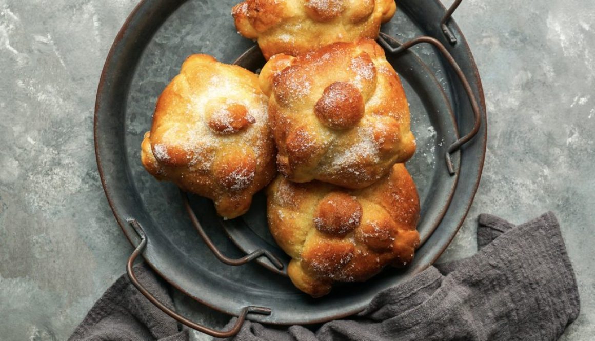 Pan de muerto or bread of the dead, also called pan de los muertos in Mexico, is a type of pan dulce traditionally baked in Mexico during the weeks leading up to the Día de Muertos